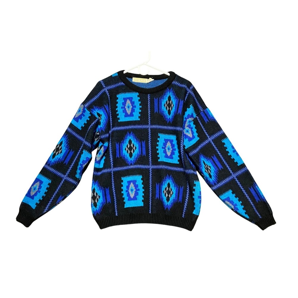 VTG Adam Sloane Mens L Aztec Geometric Pattern Sweater Black Blue‎ Wool Acrylic